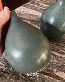 Pewabic Pottery Detroit, TWO 6-1/4 Matching Matte Teal Teardrop Vases, signed