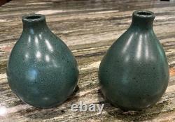 Pewabic Pottery Detroit, TWO 6-1/4 Matching Matte Teal Teardrop Vases, signed