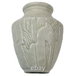ROOKWOOD POTTERY ARTS/CRAFTS BANDED, MATTE WHITE STYLIZED FLOWERS VASE 1931 Chip