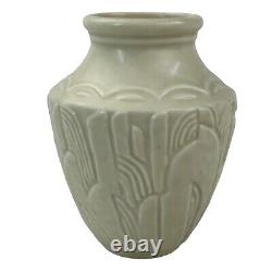 ROOKWOOD POTTERY, ARTS + CRAFTS BANDED, MATTE WHITE STYLIZED FLOWERS VASE (chip)