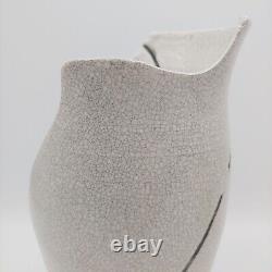 Raku Crackle Glaze Handmade Pottery Vase Pair 8 Black White Abstract Signed