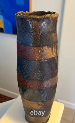 Randy Johnston Striped Vase Cylindrical Stamped Studio Pottery