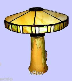 Rare American Arts & Crafts Pottery Lamp Base & Leaded Stained Glass Shade