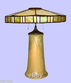 Rare American Arts & Crafts Pottery Lamp Base & Leaded Stained Glass Shade