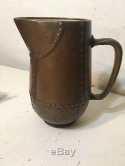 Rare Antique Arts & Crafts Copper Clad Pottery Pitcher & Mugs Clewell Canton OH