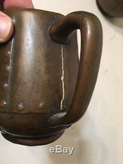 Rare Antique Arts & Crafts Copper Clad Pottery Pitcher & Mugs Clewell Canton OH