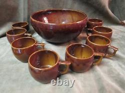 Rare Antique Roycroft Arts Crafts Brown Glaze Art Pottery Punch Bowl & 8 Cups