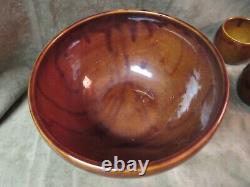 Rare Antique Roycroft Arts Crafts Brown Glaze Art Pottery Punch Bowl & 8 Cups