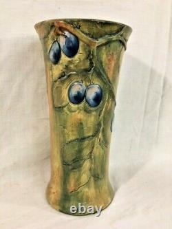 Rare Large Antique Arts & Crafts Pottery Vase with Plums c. 1915, Signed Weller