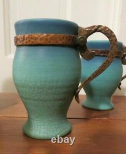Rare Van Briggle pottery carafe w 7 cups 1930 copper handles Mission Arts Crafts