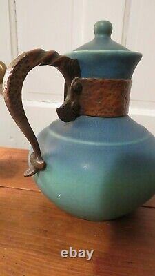 Rare Van Briggle pottery carafe w 7 cups 1930 copper handles Mission Arts Crafts
