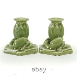Rookwood Pottery prod. 1946 celadon green lotus candlesticks arts & crafts mcm