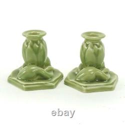 Rookwood Pottery prod. 1946 celadon green lotus candlesticks arts & crafts mcm