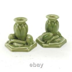 Rookwood Pottery prod. 1946 celadon green lotus candlesticks arts & crafts mcm