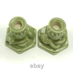 Rookwood Pottery prod. 1946 celadon green lotus candlesticks arts & crafts mcm