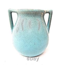 Rookwood Style Arts Crafts Art Pottery Vase Speckled Blue Buttress Handles USA
