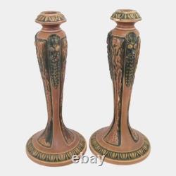 Roseville Florentine I Brown 1924 Arts And Crafts Pottery Candle Holders 1050-10