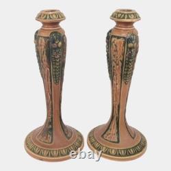 Roseville Florentine I Brown 1924 Arts And Crafts Pottery Candle Holders 1050-10