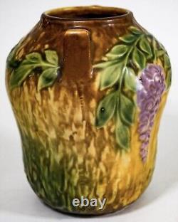 Roseville Wisteria 1933 Vintage Arts And Crafts Pottery Vase 634-7, Foil Label