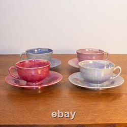 Ruskin Pottery Rare Arts and Crafts Harlequin Eggshell Set of 4 Tea Cups Saucers