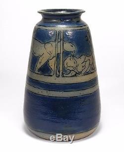 Russell Crook salt-glazed blue stoneware pottery vase panther cats arts & crafts