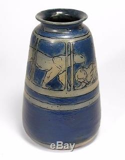 Russell Crook salt-glazed blue stoneware pottery vase panther cats arts & crafts