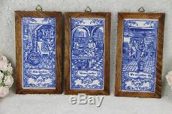 Set of 3 Delft vintage Blue white pottery tile in wood frame old crafts jobs