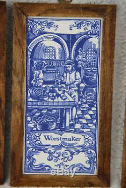 Set of 3 Delft vintage Blue white pottery tile in wood frame old crafts jobs