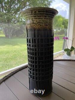 Signed Clark Ohr Studio Pottery Brown Cylindrical Vase 14 Tall x 4 1/2 Wide