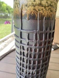 Signed Clark Ohr Studio Pottery Brown Cylindrical Vase 14 Tall x 4 1/2 Wide