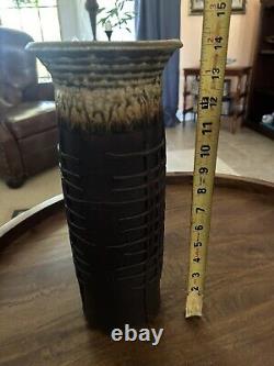 Signed Clark Ohr Studio Pottery Brown Cylindrical Vase 14 Tall x 4 1/2 Wide