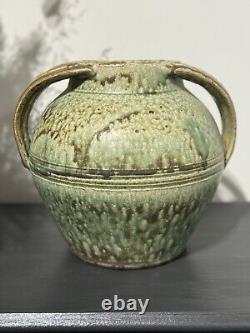 Signed Fred Johnston 8.5h Glazed Double Handled Vase Green & Sandstone Handmade