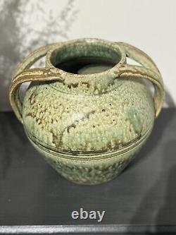 Signed Fred Johnston 8.5h Glazed Double Handled Vase Green & Sandstone Handmade