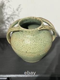 Signed Fred Johnston 8.5h Glazed Double Handled Vase Green & Sandstone Handmade