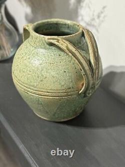 Signed Fred Johnston 8.5h Glazed Double Handled Vase Green & Sandstone Handmade