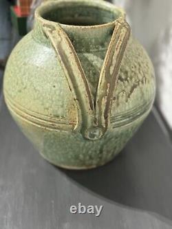 Signed Fred Johnston 8.5h Glazed Double Handled Vase Green & Sandstone Handmade