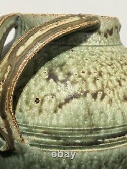 Signed Fred Johnston 8.5h Glazed Double Handled Vase Green & Sandstone Handmade