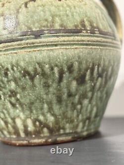 Signed Fred Johnston 8.5h Glazed Double Handled Vase Green & Sandstone Handmade