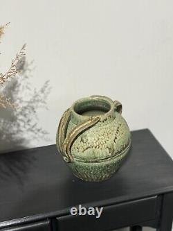 Signed Fred Johnston 8.5h Glazed Double Handled Vase Green & Sandstone Handmade