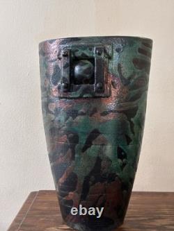 Studio Crafted Ceramic Vase Green Black Copper Abstract Signed