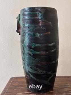 Studio Crafted Ceramic Vase Green Black Copper Abstract Signed