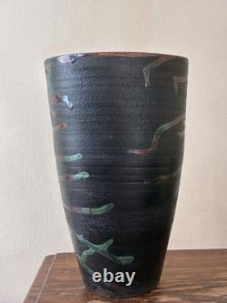 Studio Crafted Ceramic Vase Green Black Copper Abstract Signed