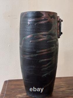 Studio Crafted Ceramic Vase Green Black Copper Abstract Signed