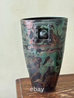 Studio Crafted Ceramic Vase Green Black Copper Abstract Signed