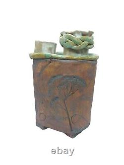 Studio Pottery Arts and Crafts Vase Clay Pressed Flower Nouveau Heavy 11