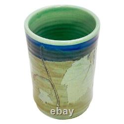 Studio Pottery Vase Arts Crafts Blue Green Leaf Motif Handmade Signed 8 T 5 W