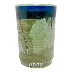 Studio Pottery Vase Arts Crafts Blue Green Leaf Motif Handmade Signed 8 T 5 W