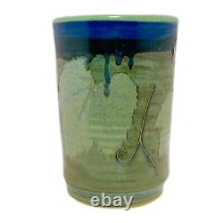 Studio Pottery Vase Arts Crafts Blue Green Leaf Motif Handmade Signed 8 T 5 W