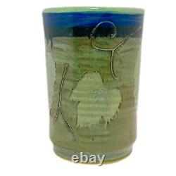 Studio Pottery Vase Arts Crafts Blue Green Leaf Motif Handmade Signed 8 T 5 W