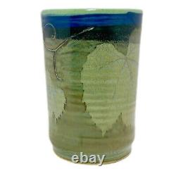 Studio Pottery Vase Arts Crafts Blue Green Leaf Motif Handmade Signed 8 T 5 W